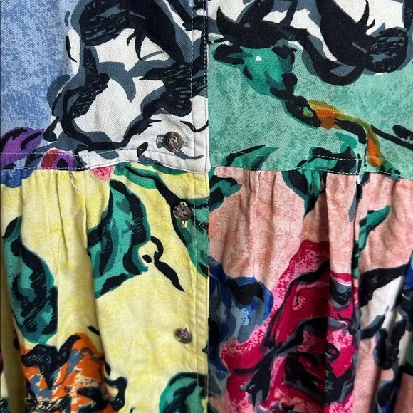 Vintage 80s Together Vibrant Floral mixed media button up short Sleeve Dress - Picture 5 of 6